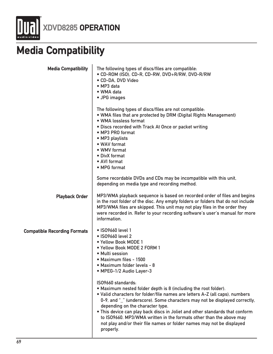 Media compatibility, Xdvd8285 operation | Dual Electronics XDVD8285 User Manual | Page 70 / 88