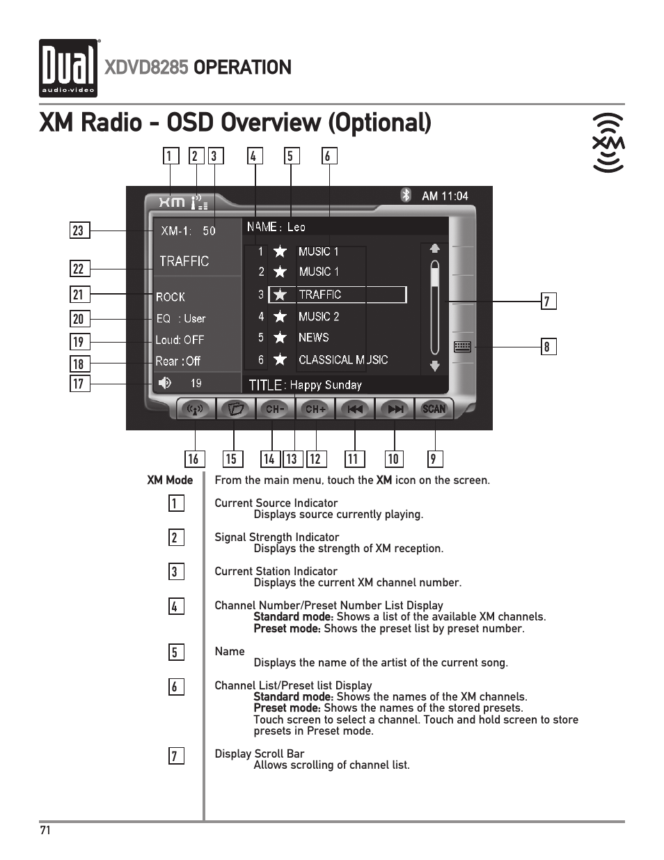 Xm radio - osd overview (optional), Xdvd8285 operation | Dual Electronics XDVD8285 User Manual | Page 72 / 88