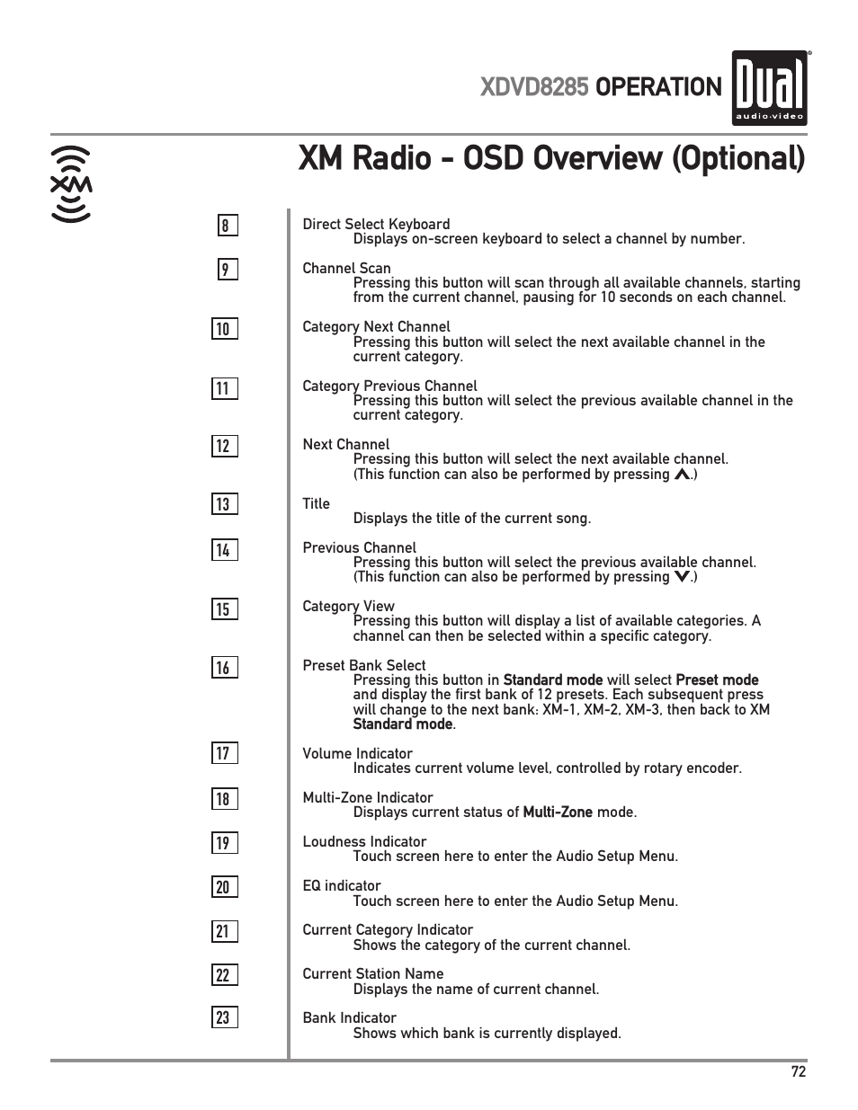 Xm radio - osd overview (optional), Xdvd8285 operation | Dual Electronics XDVD8285 User Manual | Page 73 / 88