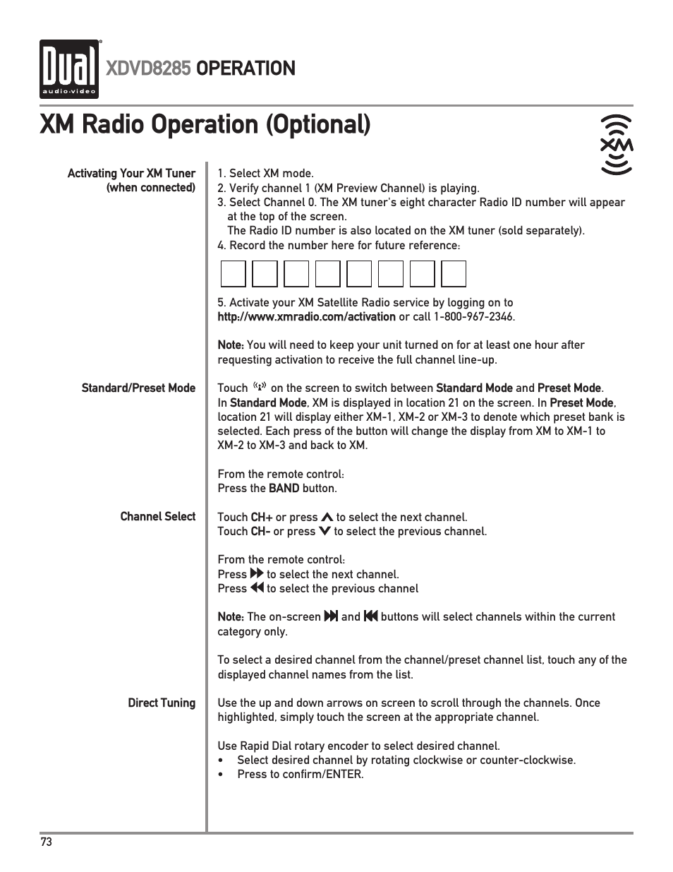 Xm radio operation (optional), Xdvd8285 operation | Dual Electronics XDVD8285 User Manual | Page 74 / 88