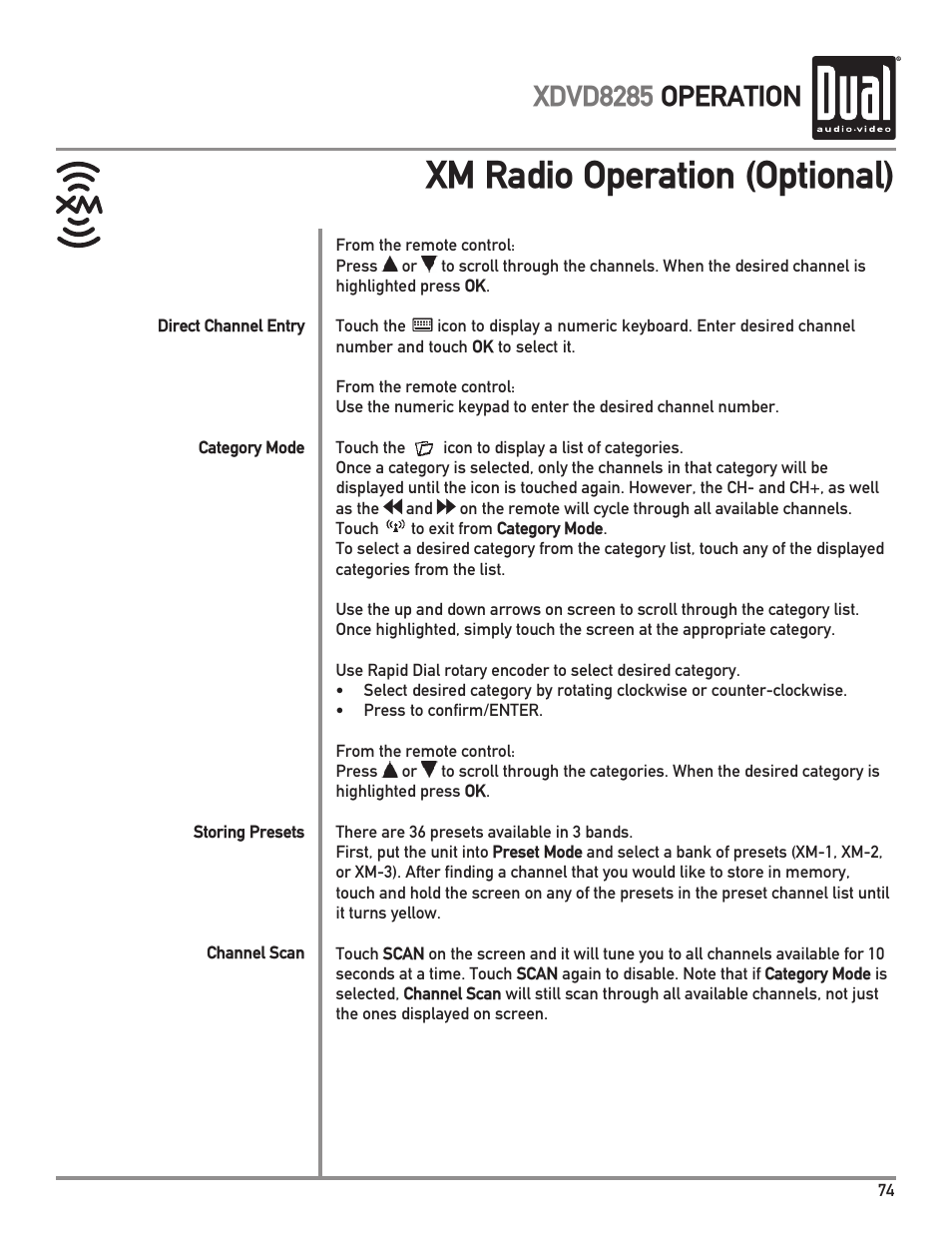 Xm radio operation (optional), Xdvd8285 operation | Dual Electronics XDVD8285 User Manual | Page 75 / 88