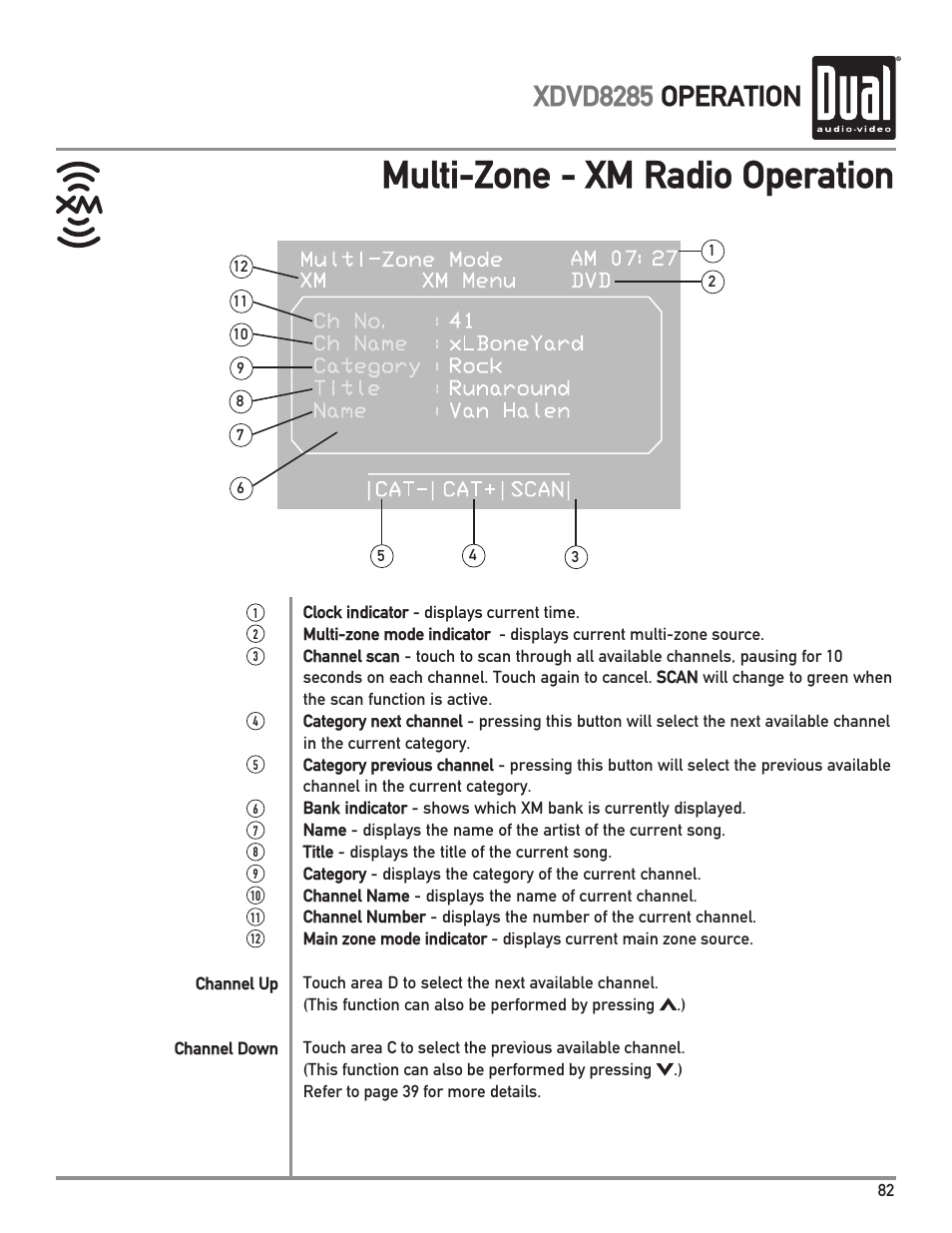 Multi-zone - xm radio operation, Xdvd8285 operation | Dual Electronics XDVD8285 User Manual | Page 83 / 88