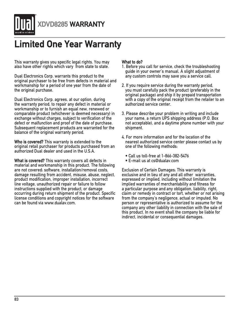 Limited one year warranty, Xdvd8285 warranty | Dual Electronics XDVD8285 User Manual | Page 84 / 88