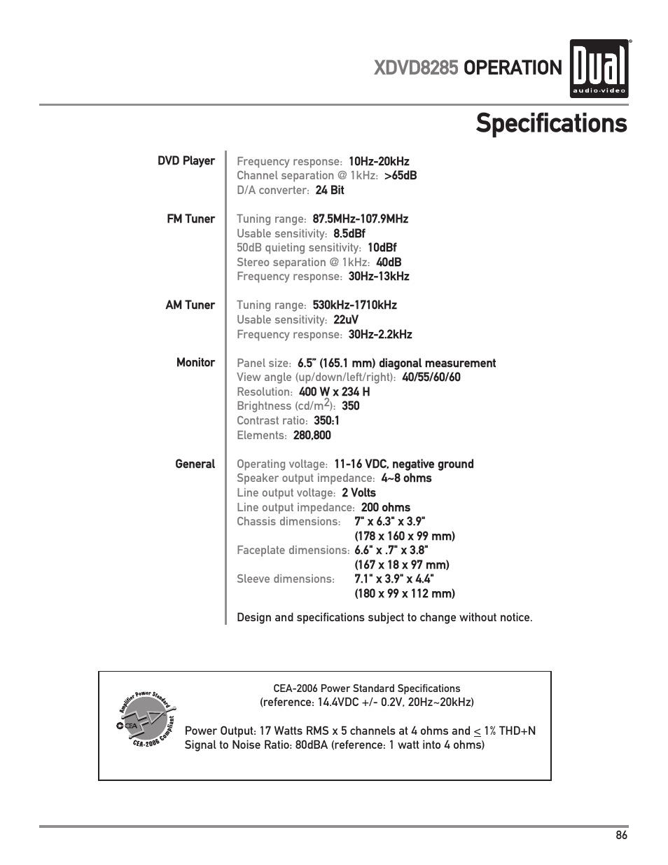 Specifications, Xdvd8285 operation | Dual Electronics XDVD8285 User Manual | Page 87 / 88