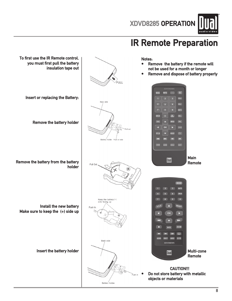 Ir remote preparation, Xdvd8285 operation | Dual Electronics XDVD8285 User Manual | Page 9 / 88