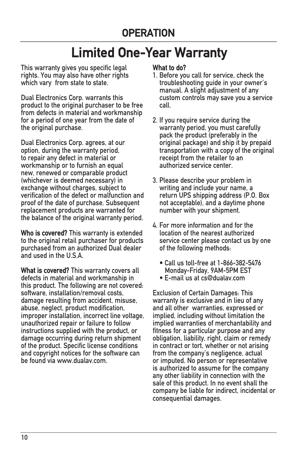 Limited one-year warranty, Operation | Dual Electronics BAK1500 User Manual | Page 10 / 12
