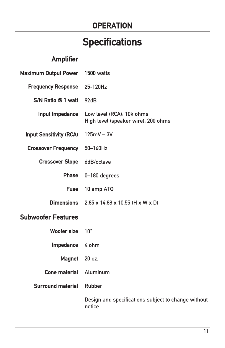 Specifications, Operation | Dual Electronics BAK1500 User Manual | Page 11 / 12