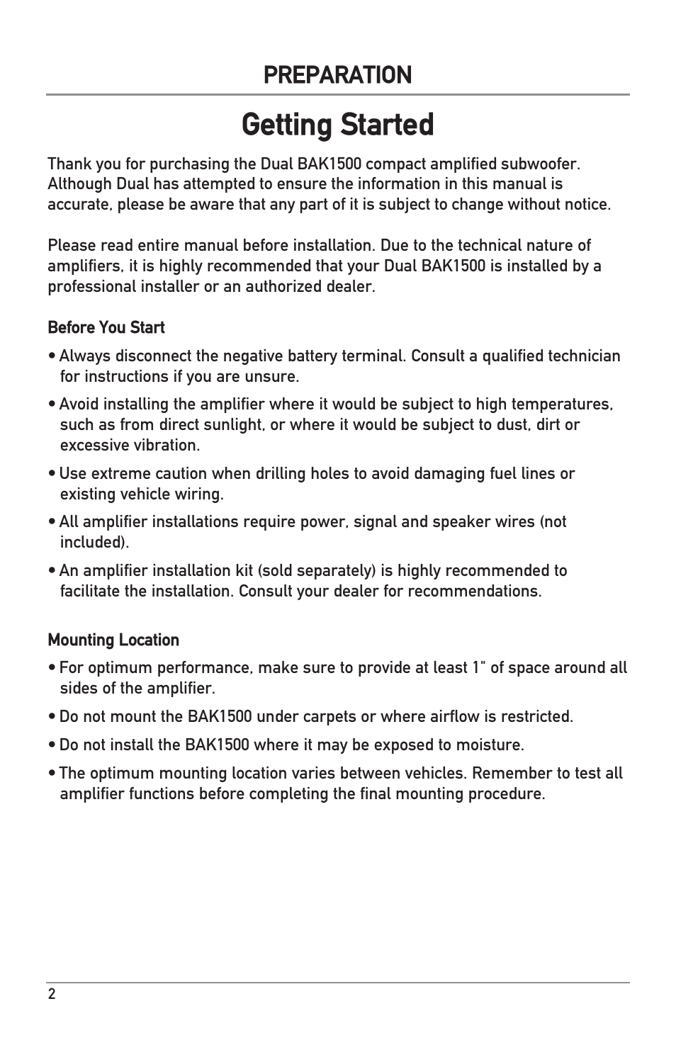 Getting started, Preparation | Dual Electronics BAK1500 User Manual | Page 2 / 12