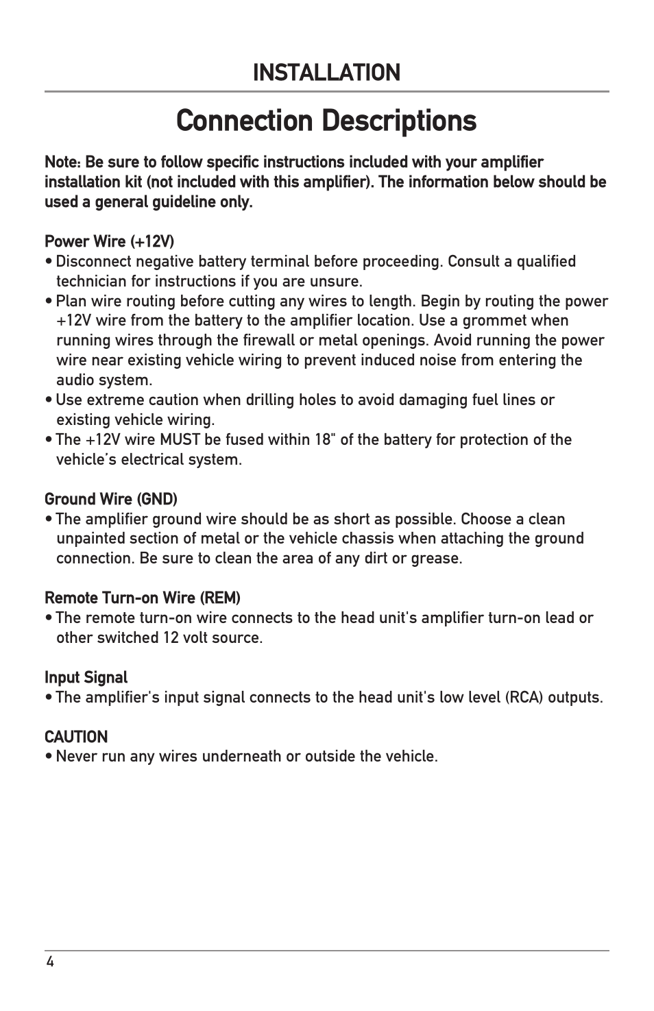 Connection descriptions, Installation | Dual Electronics BAK1500 User Manual | Page 4 / 12