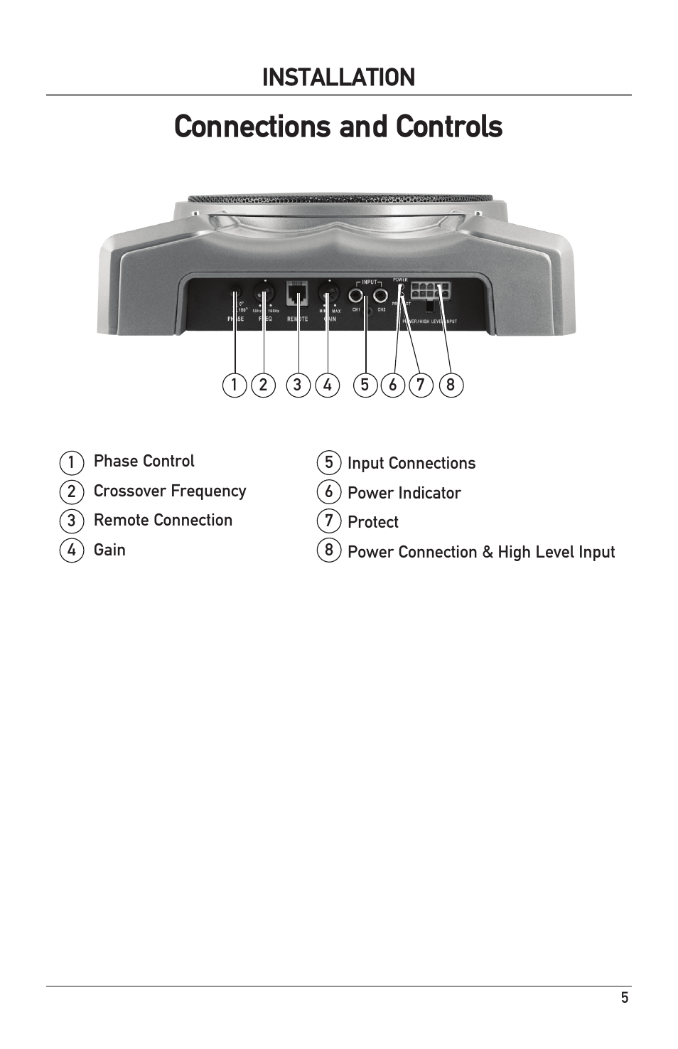 Connections and controls, Installation | Dual Electronics BAK1500 User Manual | Page 5 / 12