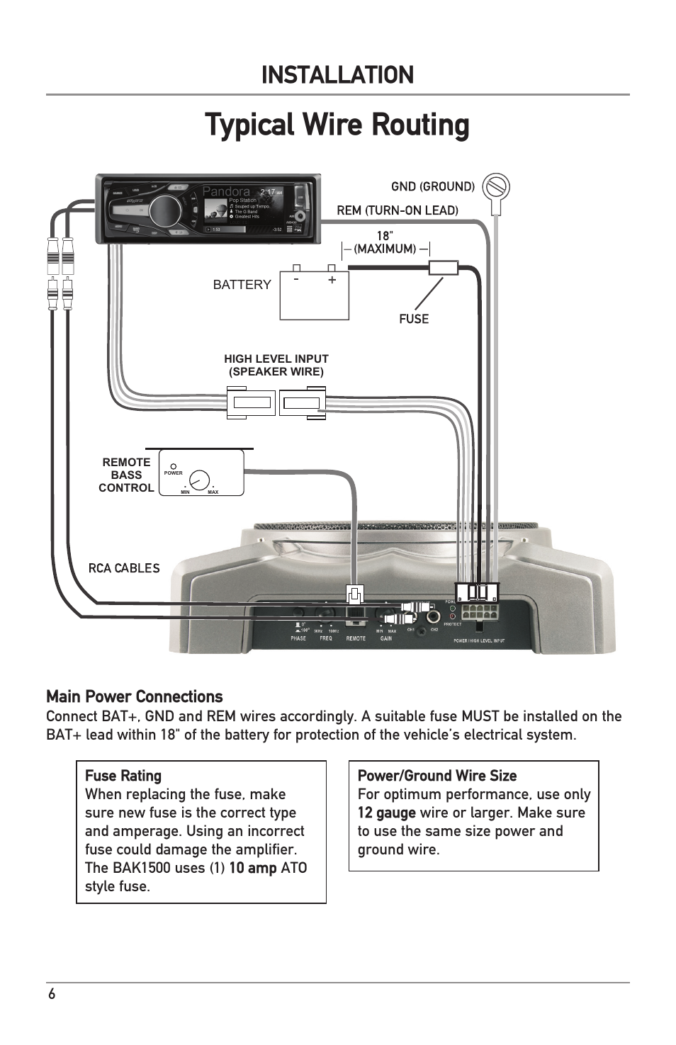 Typical wire routing, Installation, Main power connections | Dual Electronics BAK1500 User Manual | Page 6 / 12