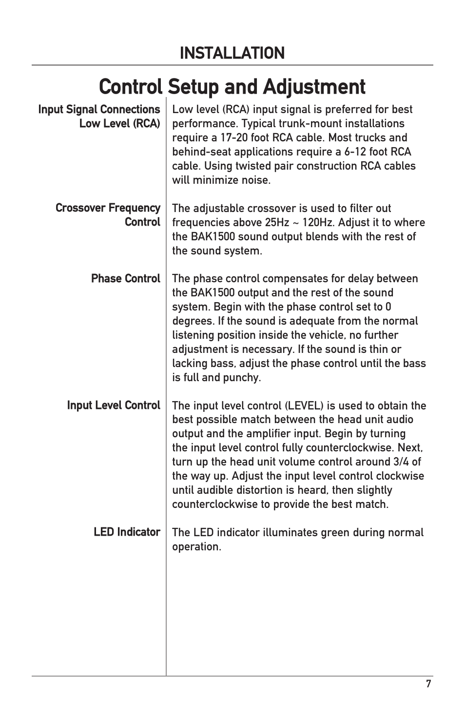 Control setup and adjustment, Installation | Dual Electronics BAK1500 User Manual | Page 7 / 12