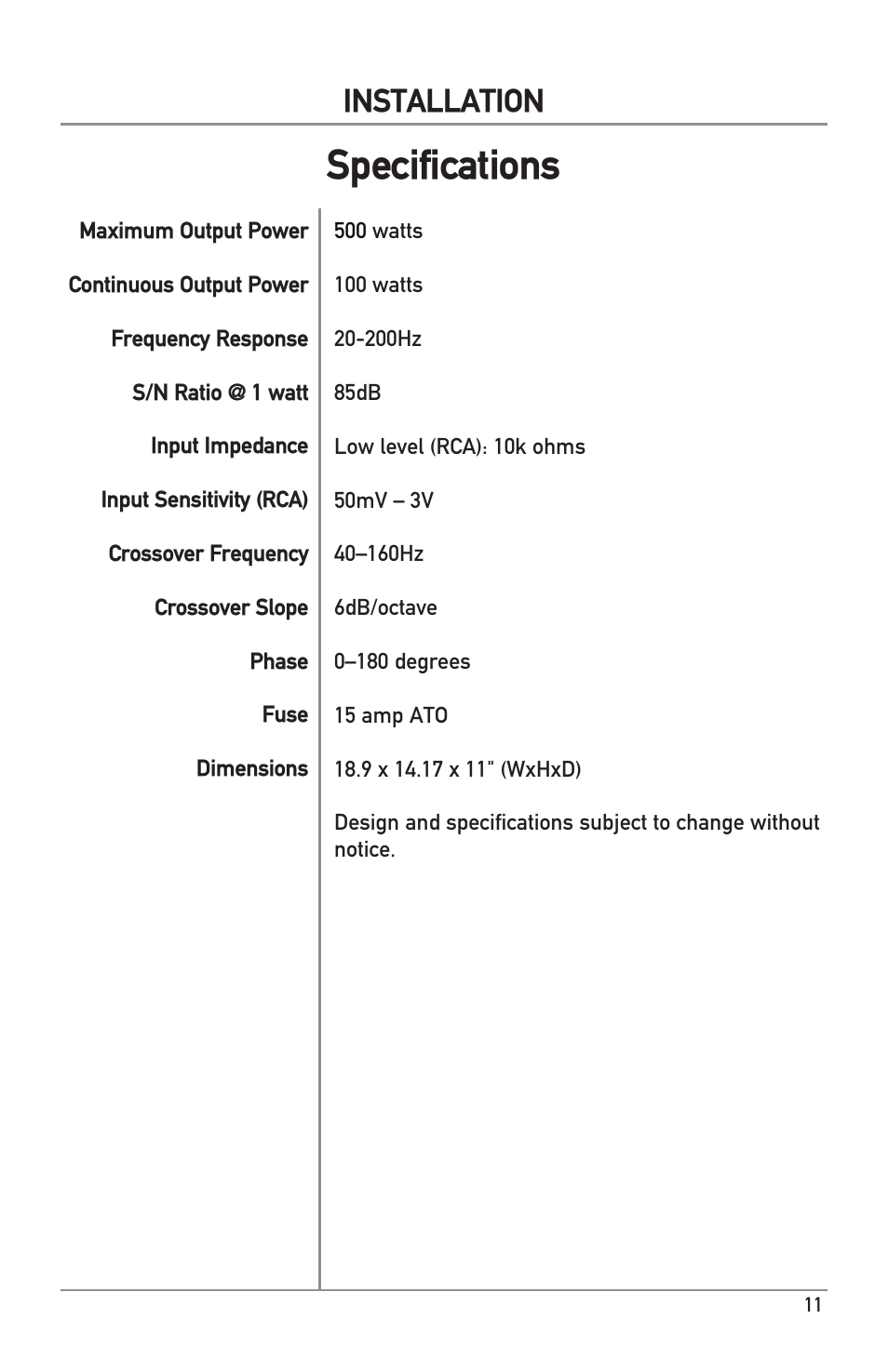 Specifications, Installation | Dual Electronics ALB12 User Manual | Page 11 / 12