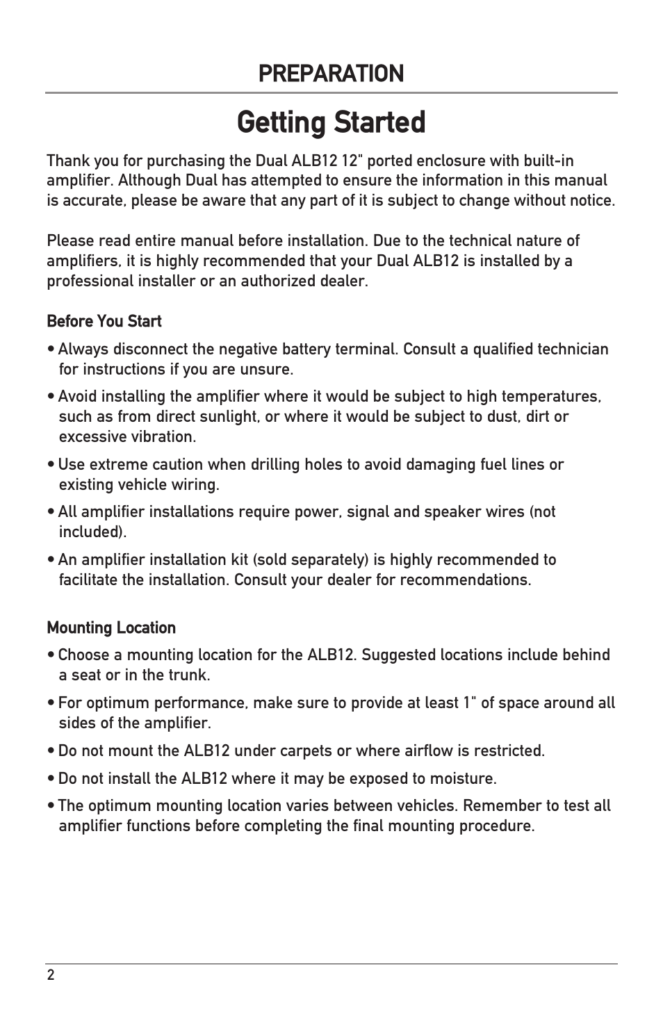 Getting started, Preparation | Dual Electronics ALB12 User Manual | Page 2 / 12