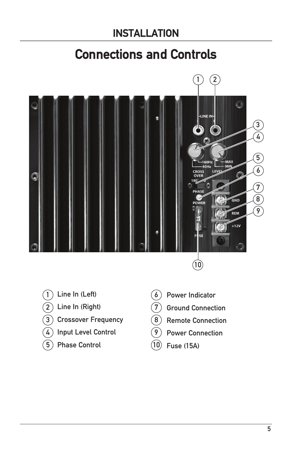 Connections and controls, Installation | Dual Electronics ALB12 User Manual | Page 5 / 12