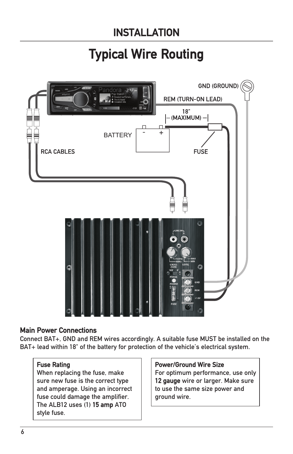 Typical wire routing, Installation | Dual Electronics ALB12 User Manual | Page 6 / 12