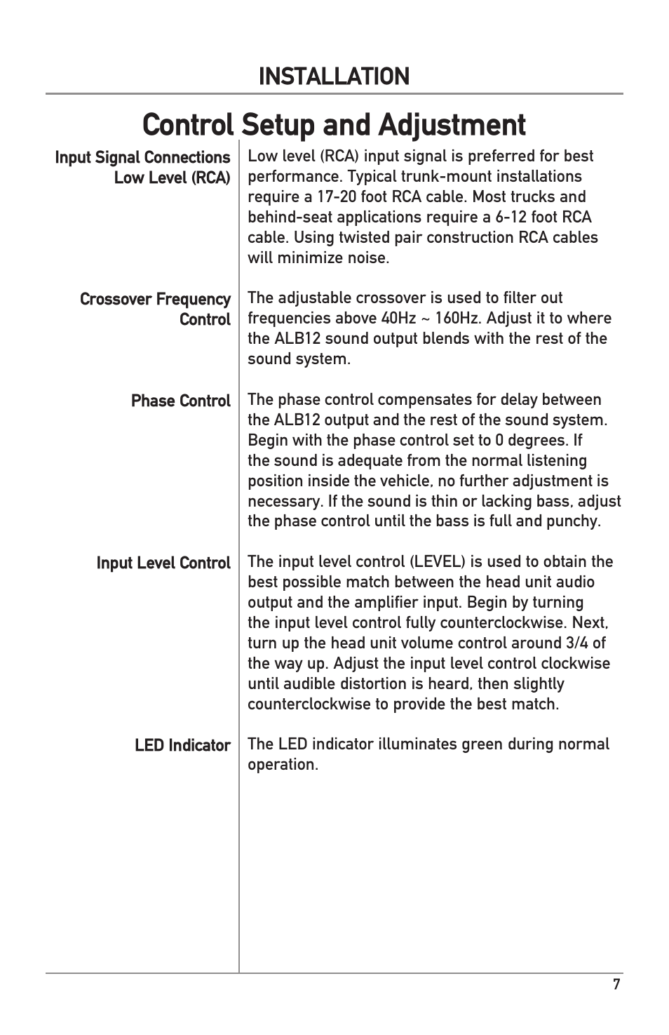 Control setup and adjustment, Installation | Dual Electronics ALB12 User Manual | Page 7 / 12