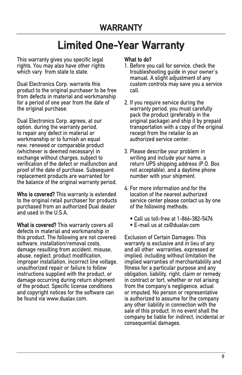 Limited one-year warranty, Warranty | Dual Electronics ALB12 User Manual | Page 9 / 12