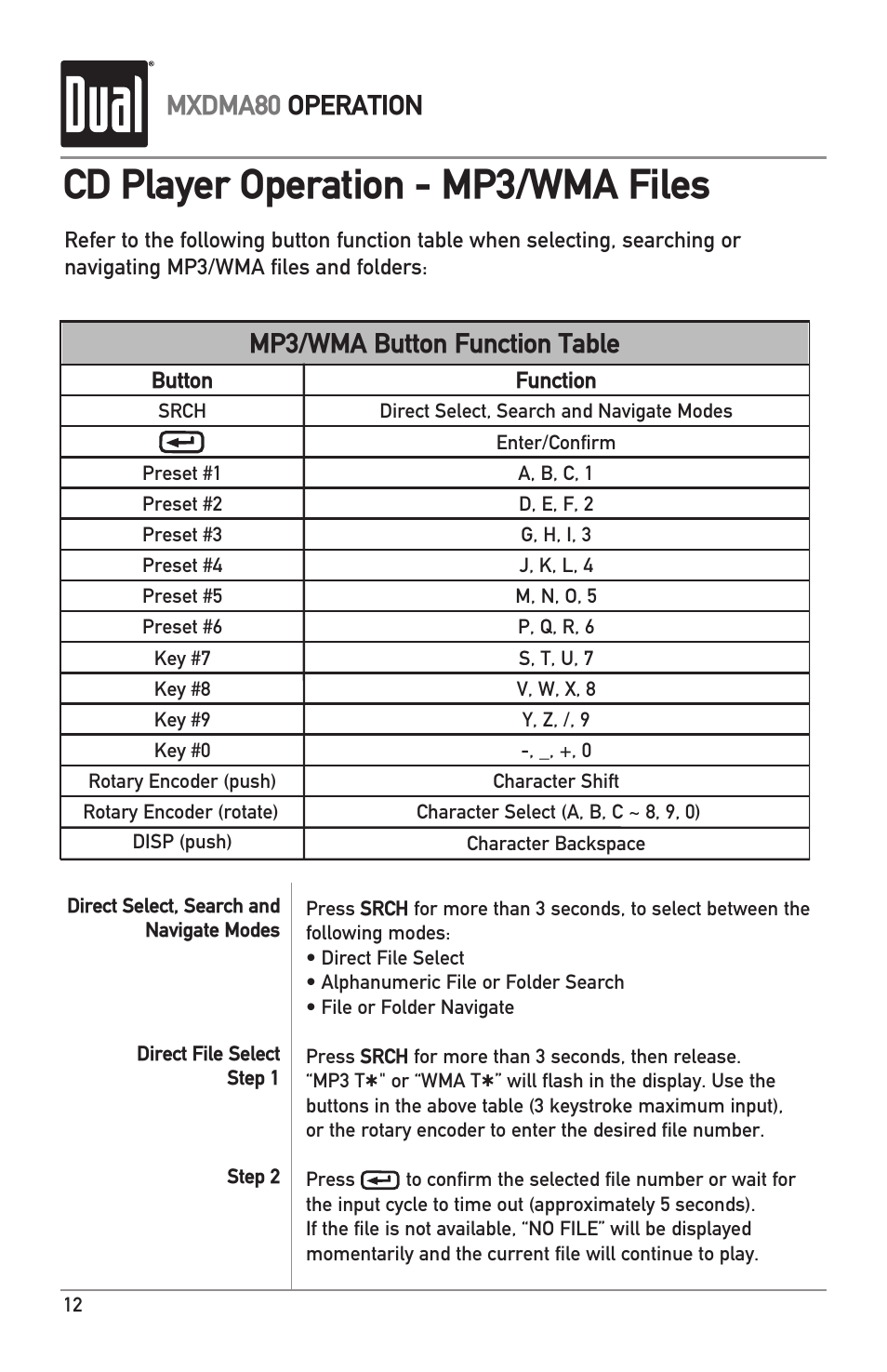 Cd player operation - mp3/wma files, Mxdma80 operation, Mp3/wma button function table | Dual Electronics MXDMA80 User Manual | Page 12 / 20
