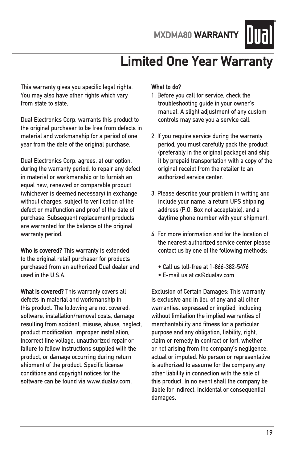 Limited one year warranty, Mxdma80 warranty | Dual Electronics MXDMA80 User Manual | Page 19 / 20