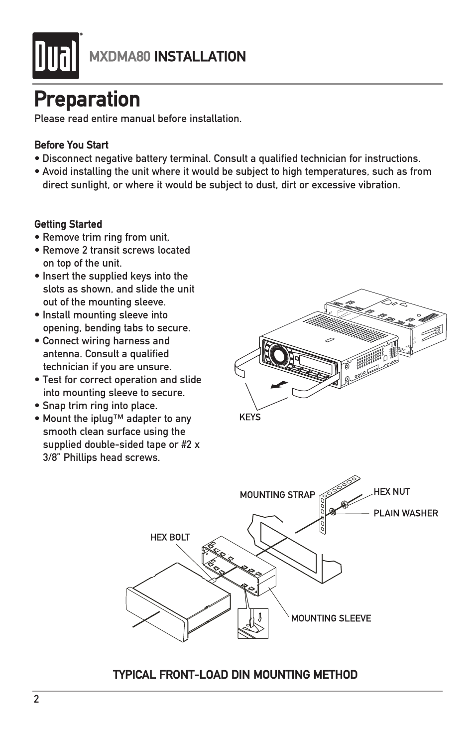 Preparation, Mxdma80 installation | Dual Electronics MXDMA80 User Manual | Page 2 / 20