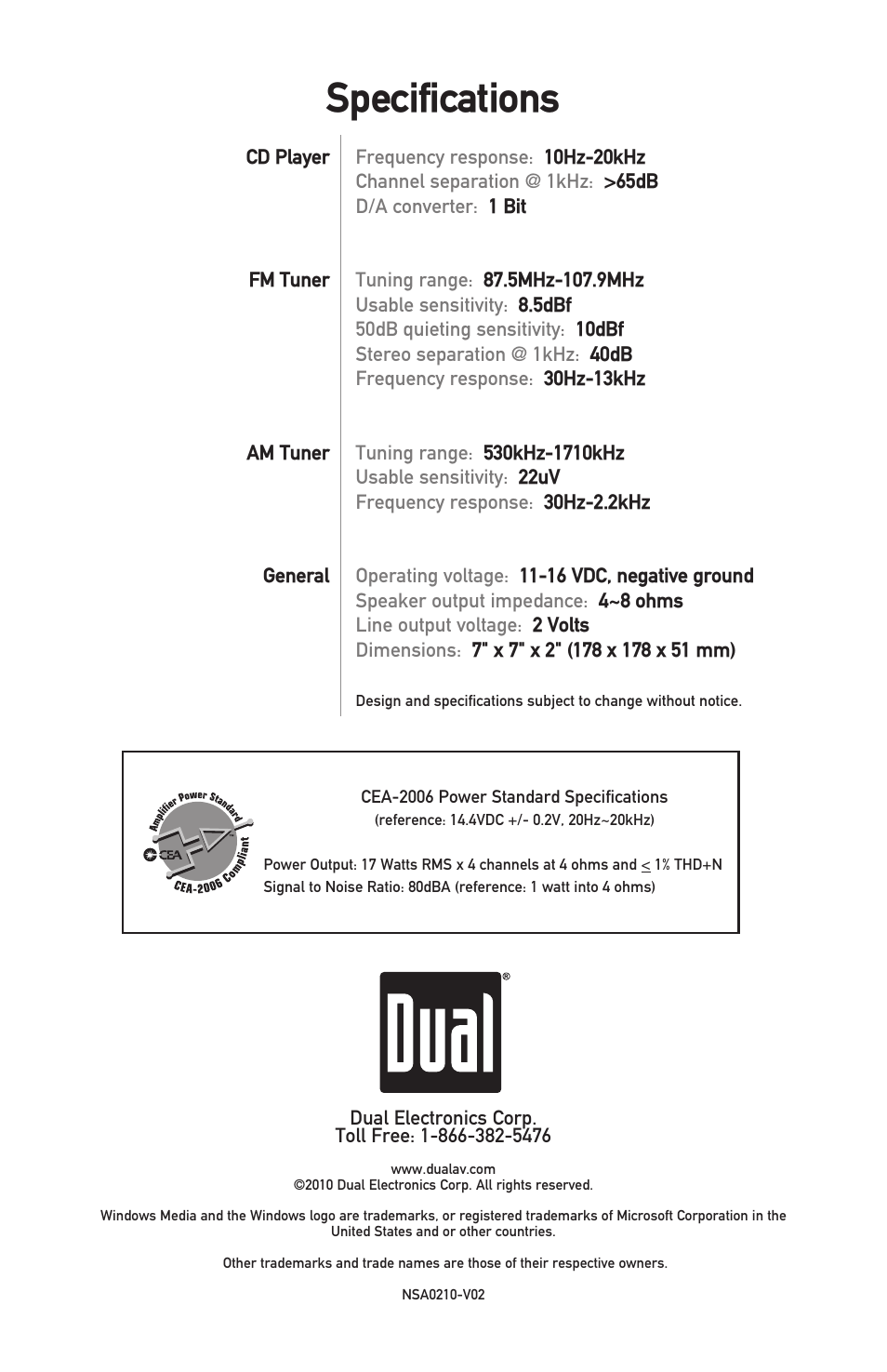 Specifications | Dual Electronics MXDMA80 User Manual | Page 20 / 20
