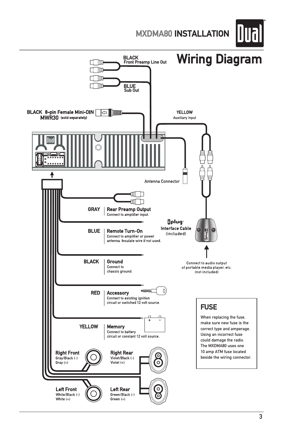 Wiring diagram, Mxdma80 installation | Dual Electronics MXDMA80 User Manual | Page 3 / 20
