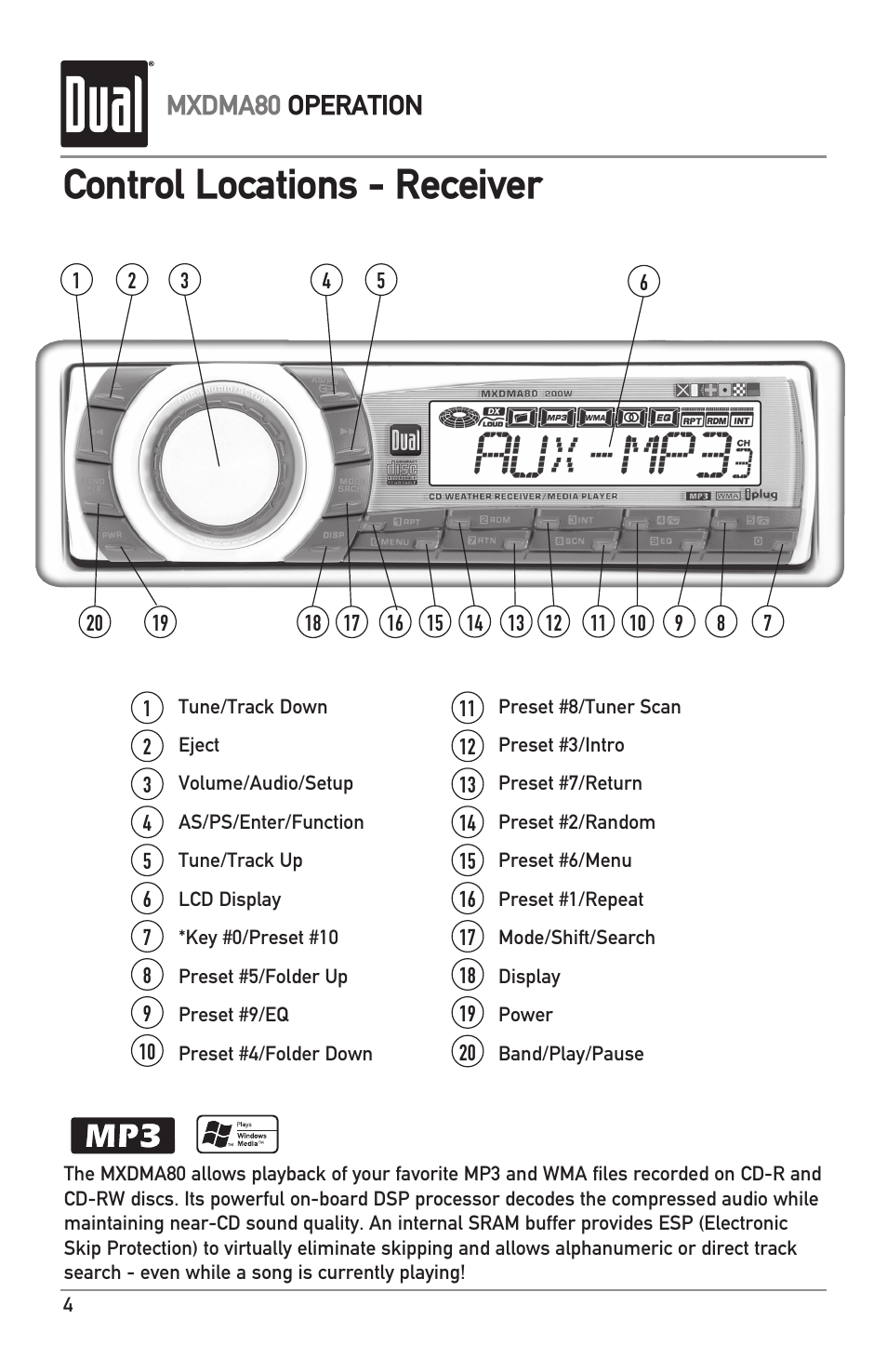 Control locations - receiver, Mxdma80 operation | Dual Electronics MXDMA80 User Manual | Page 4 / 20