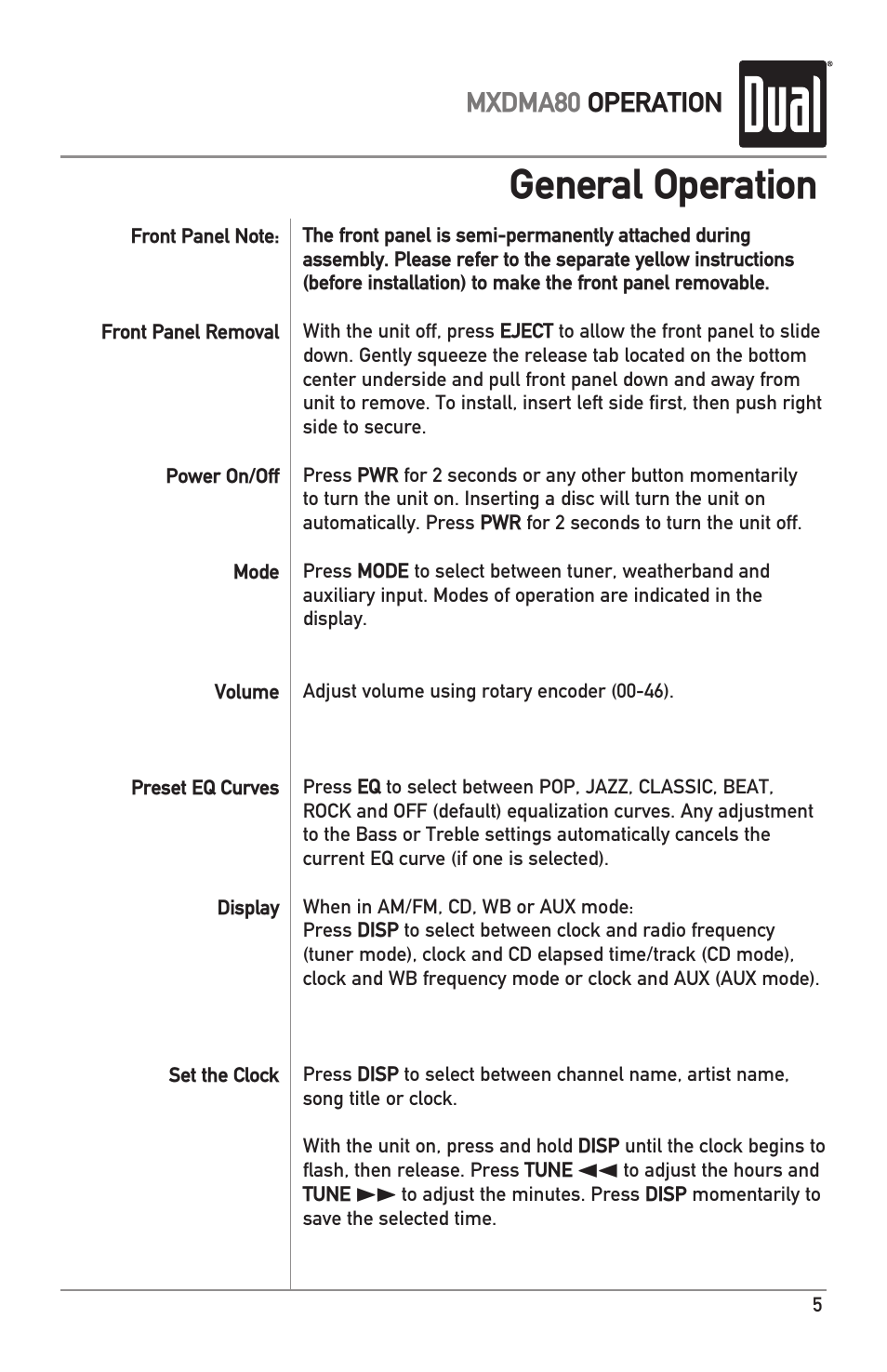 General operation, Mxdma80 operation | Dual Electronics MXDMA80 User Manual | Page 5 / 20