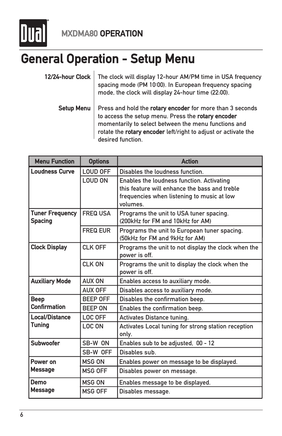 General operation - setup menu, Mxdma80 operation | Dual Electronics MXDMA80 User Manual | Page 6 / 20