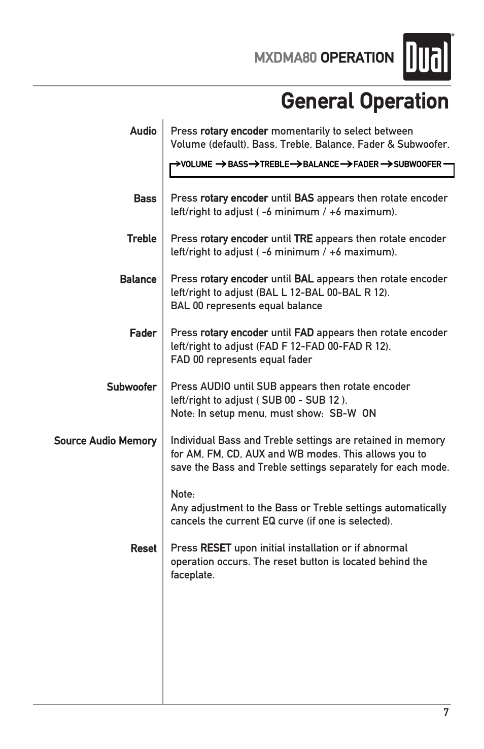 General operation, Mxdma80 operation | Dual Electronics MXDMA80 User Manual | Page 7 / 20