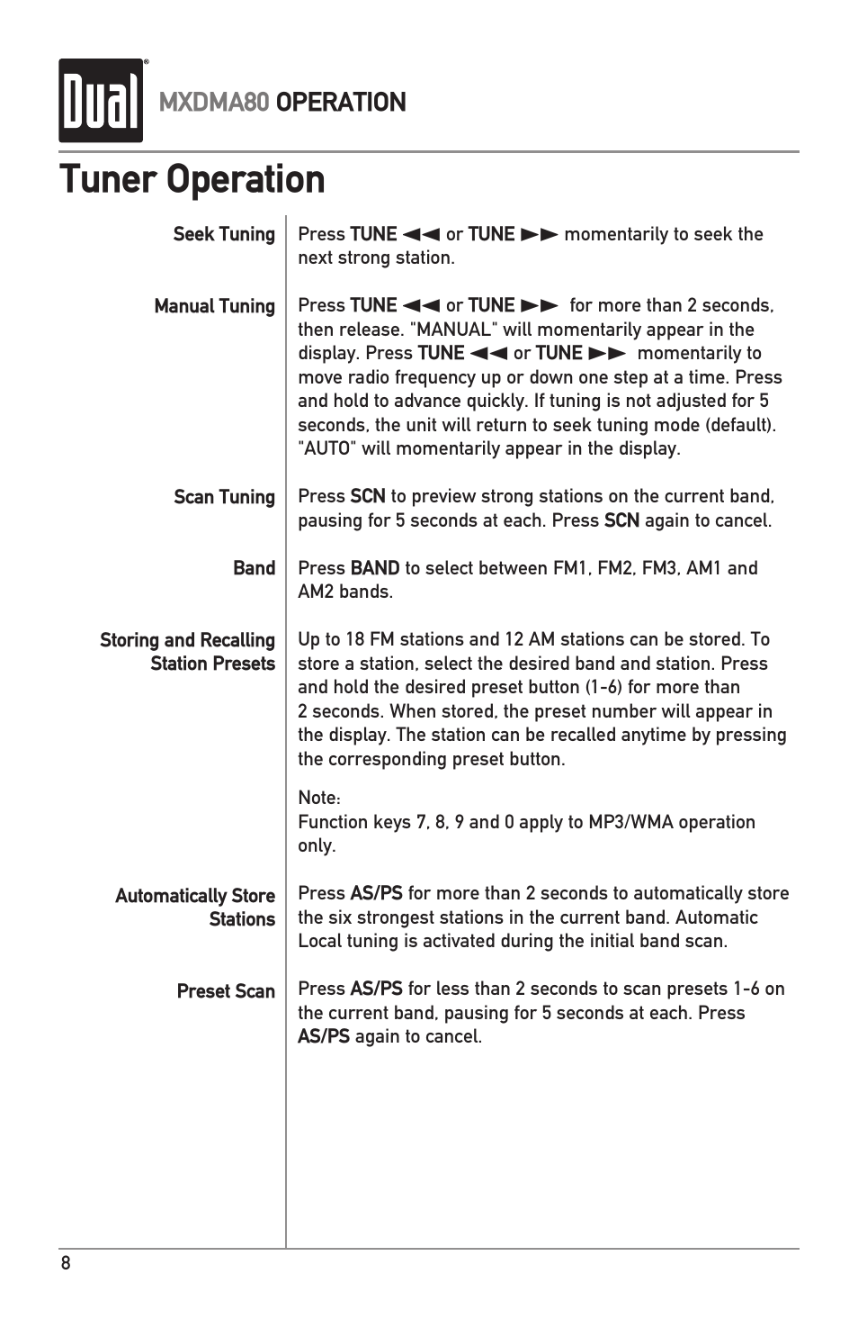 Tuner operation | Dual Electronics MXDMA80 User Manual | Page 8 / 20