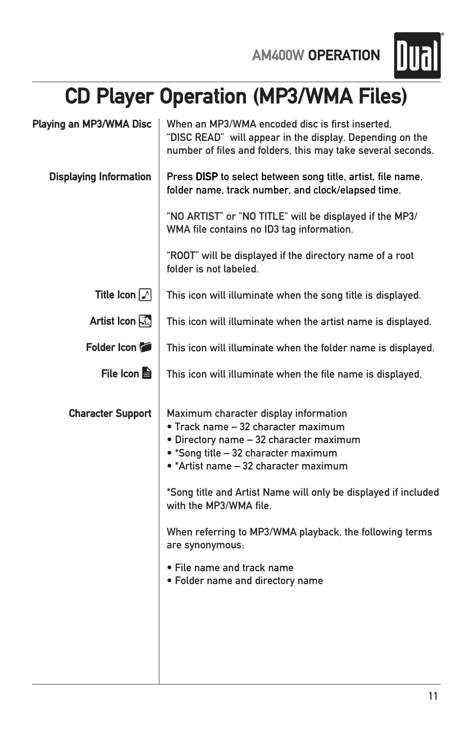 Cd player operation (mp3/wma files), Am400w operation | Dual Electronics AM400W User Manual | Page 11 / 28