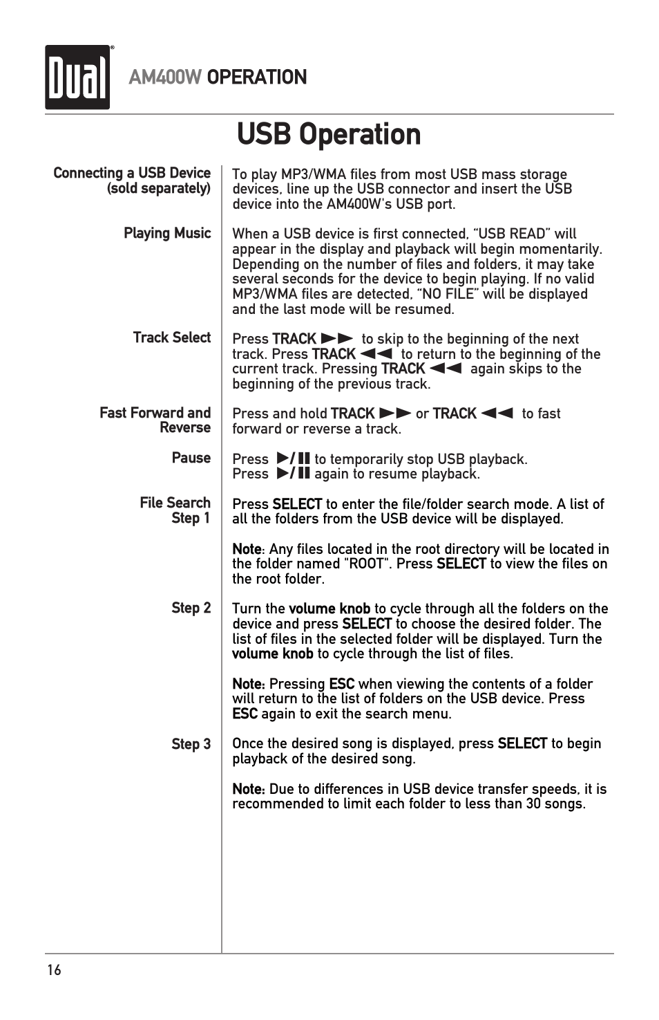 Usb operation | Dual Electronics AM400W User Manual | Page 16 / 28