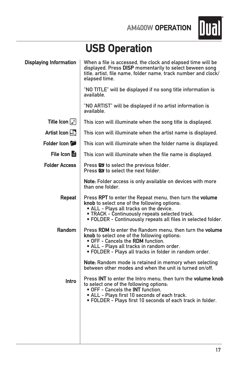 Usb operation, Am400w operation | Dual Electronics AM400W User Manual | Page 17 / 28