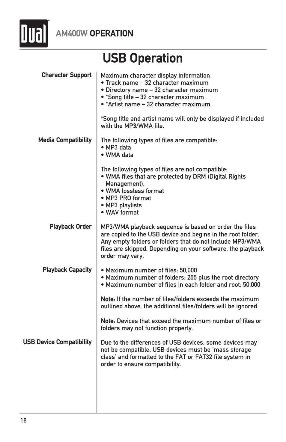Usb operation, Am400w operation | Dual Electronics AM400W User Manual | Page 18 / 28