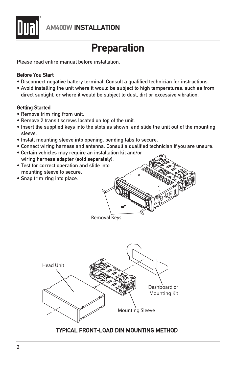 Preparation, Am400w installation | Dual Electronics AM400W User Manual | Page 2 / 28