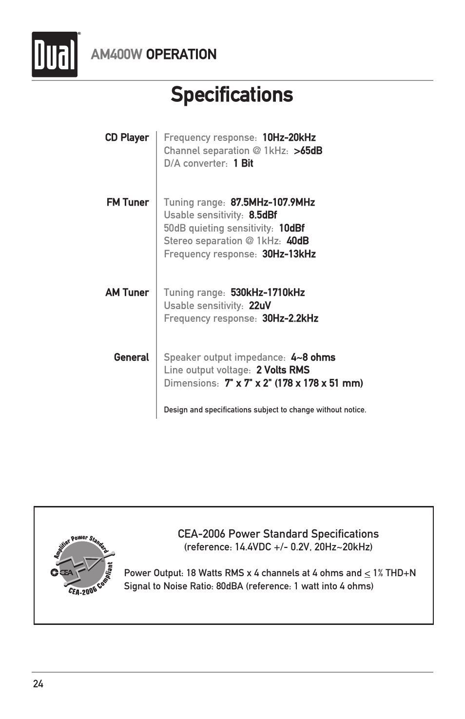 Specifications, Am400w operation | Dual Electronics AM400W User Manual | Page 24 / 28