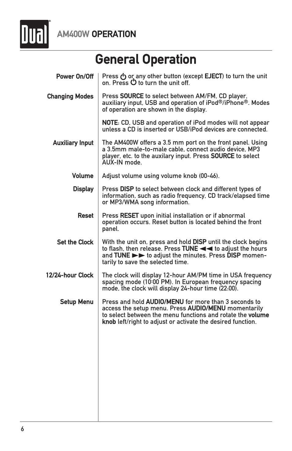 General operation, Am400w operation | Dual Electronics AM400W User Manual | Page 6 / 28