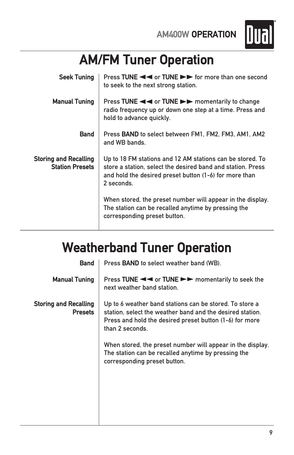 Am/fm tuner operation weatherband tuner operation | Dual Electronics AM400W User Manual | Page 9 / 28