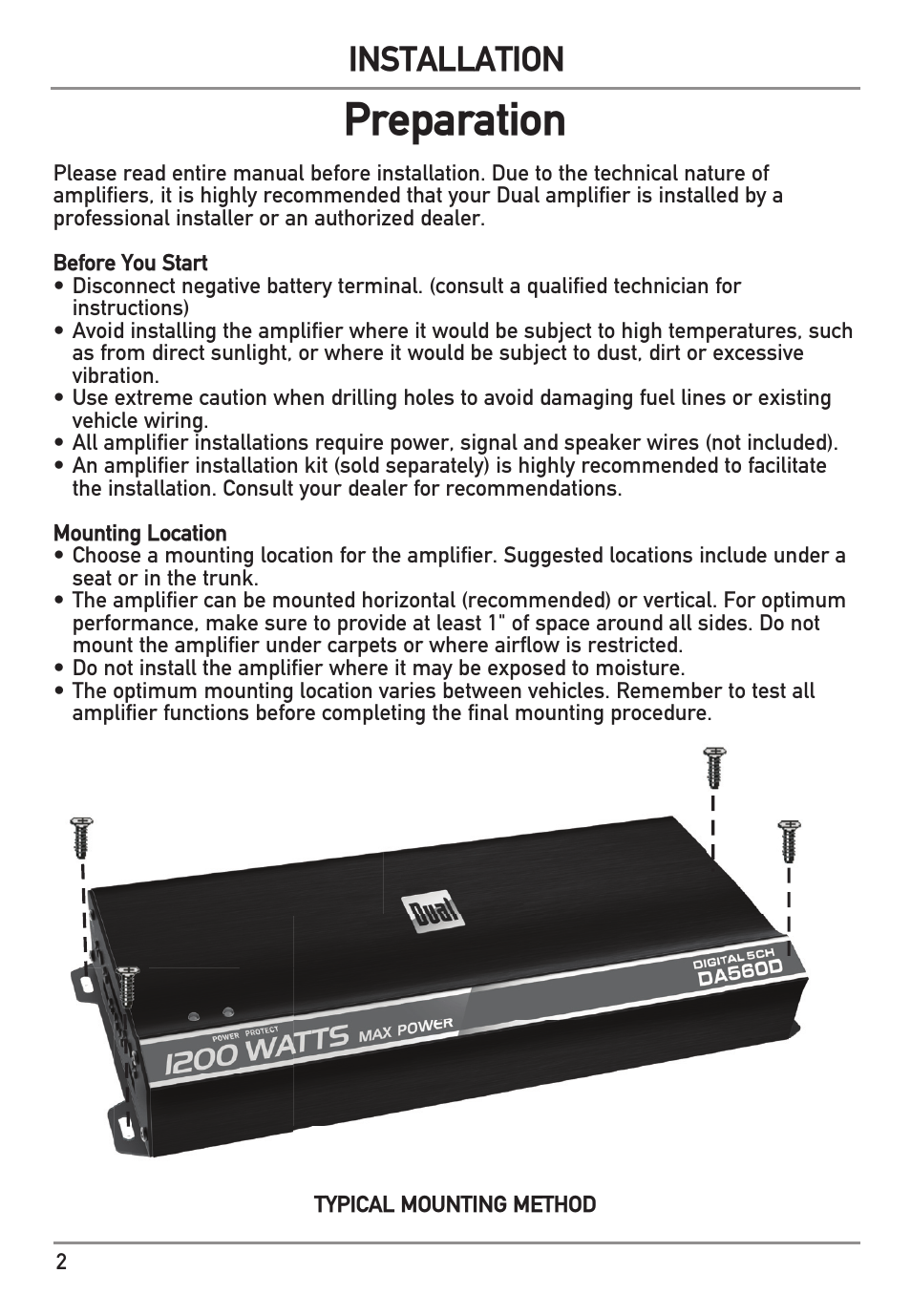 Preparation, Installation | Dual Electronics DA560D User Manual | Page 2 / 12