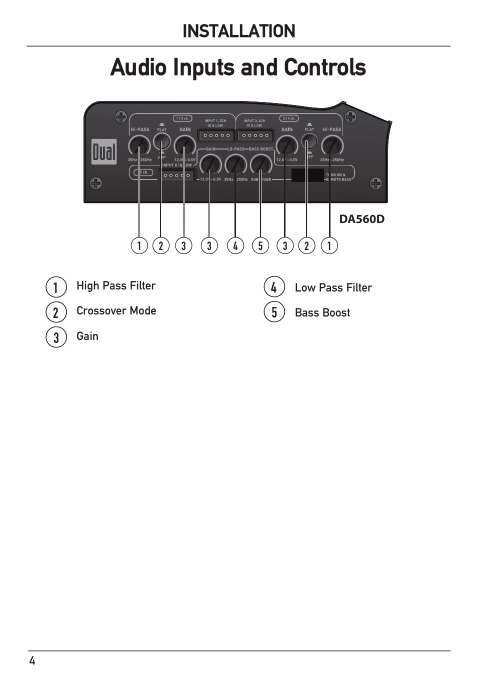 Audio inputs and controls, Installation | Dual Electronics DA560D User Manual | Page 4 / 12