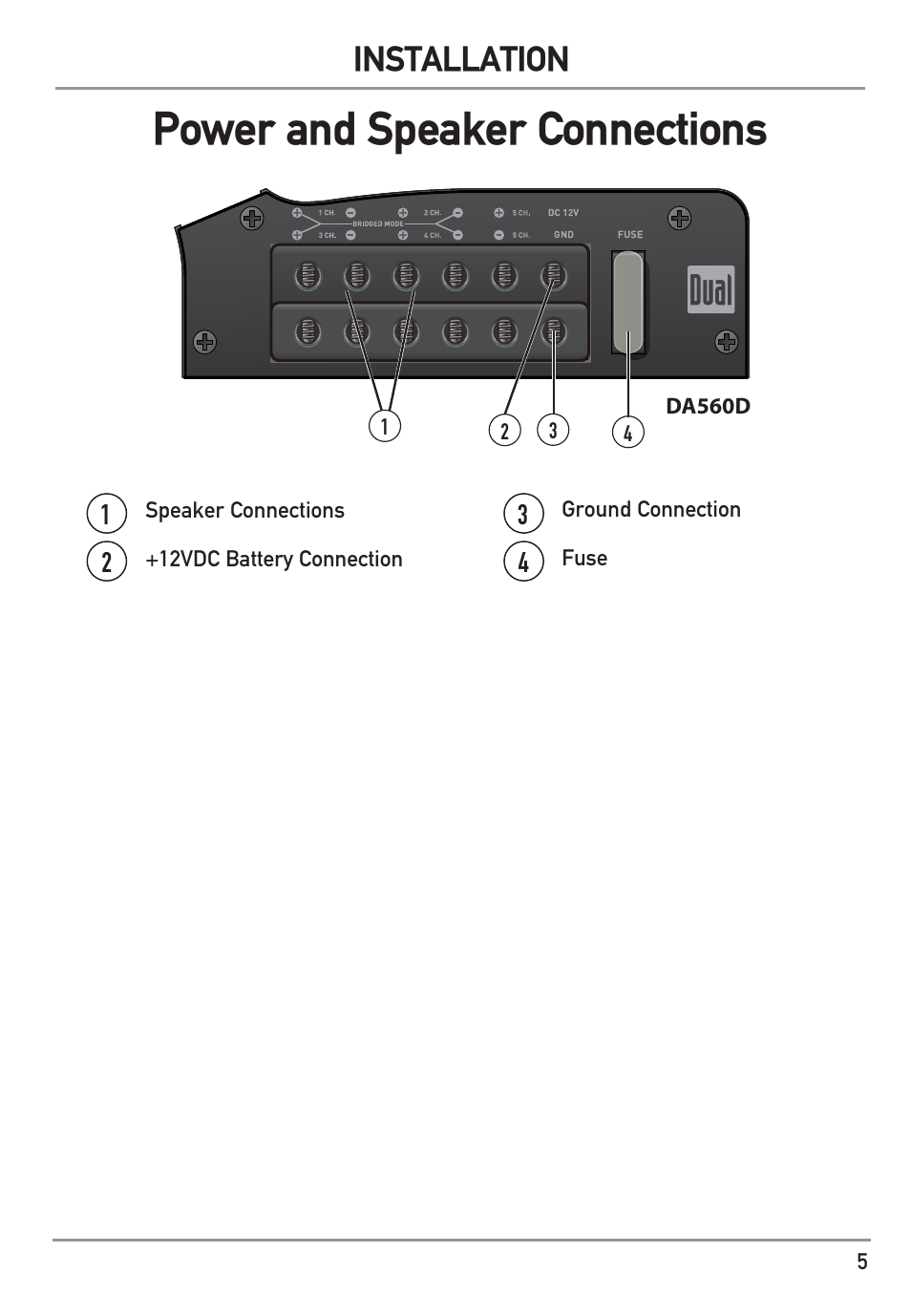 Power and speaker connections, Installation | Dual Electronics DA560D User Manual | Page 5 / 12
