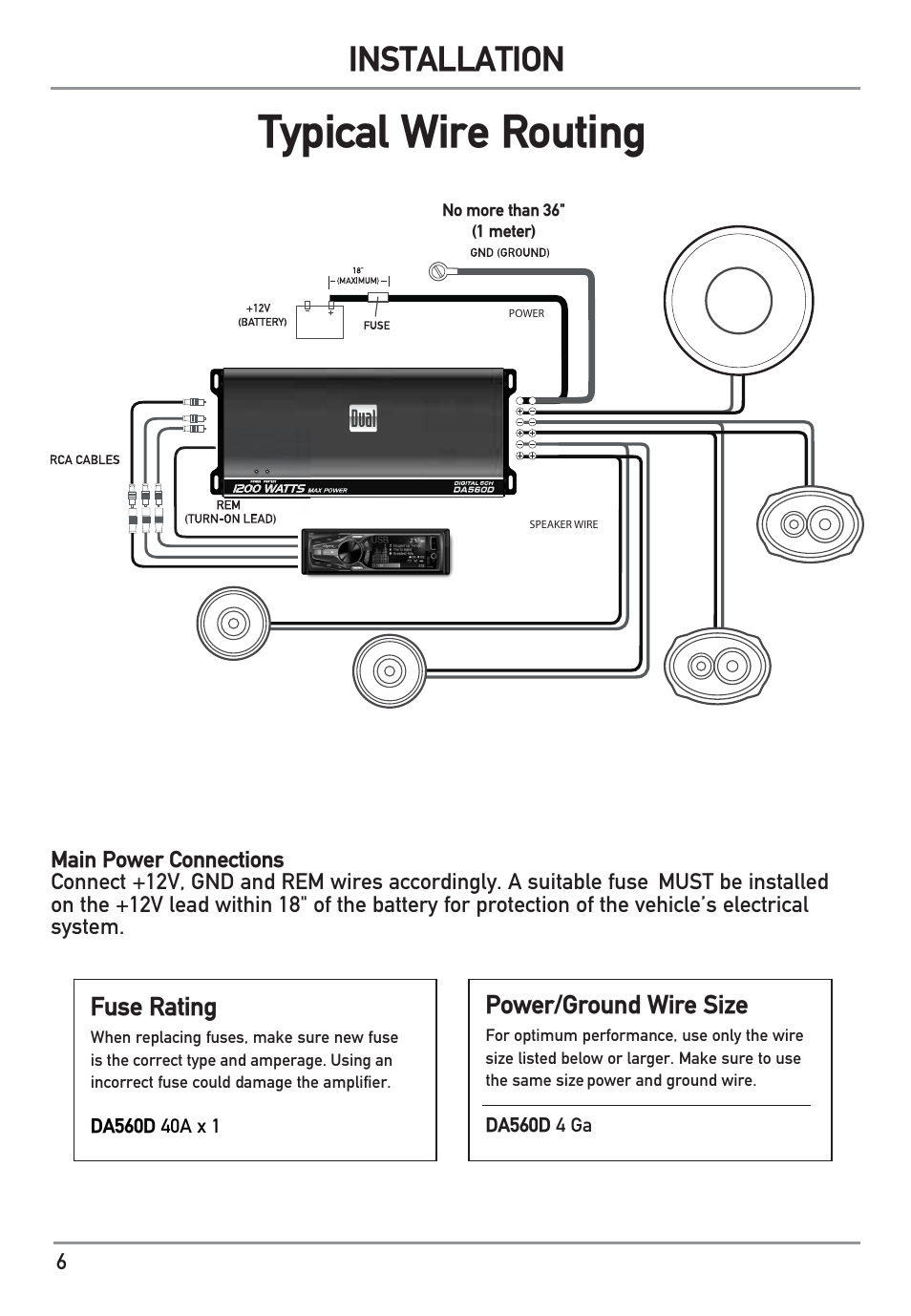 Typical wire routing, Installation, Fuse rating | Power/ground wire size | Dual Electronics DA560D User Manual | Page 6 / 12