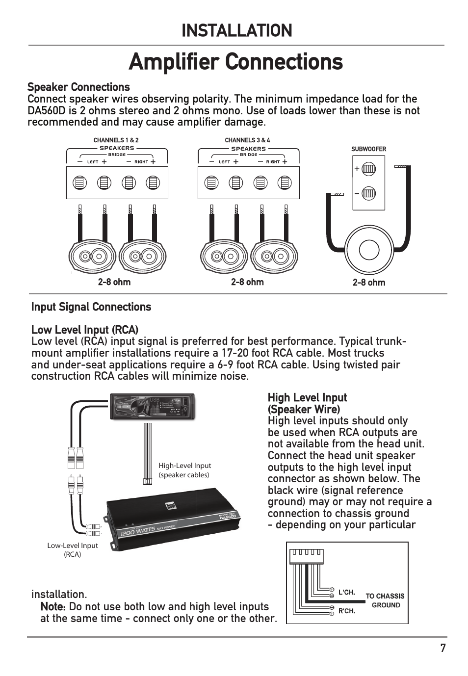 Amplifier connections, Installation | Dual Electronics DA560D User Manual | Page 7 / 12