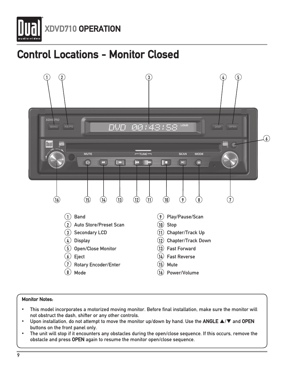 Control locations - monitor closed, Xdvd710 operation | Dual Electronics XDVD710 User Manual | Page 10 / 56