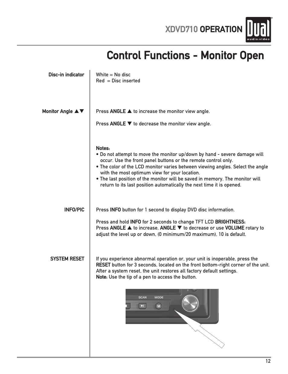 Control functions - monitor open, Xdvd710 operation | Dual Electronics XDVD710 User Manual | Page 13 / 56