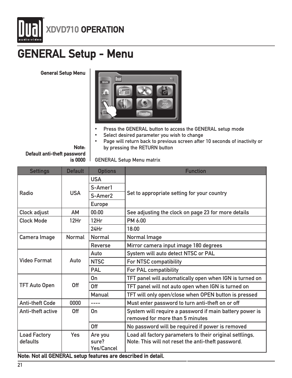 General setup - menu, Xdvd710 operation | Dual Electronics XDVD710 User Manual | Page 22 / 56