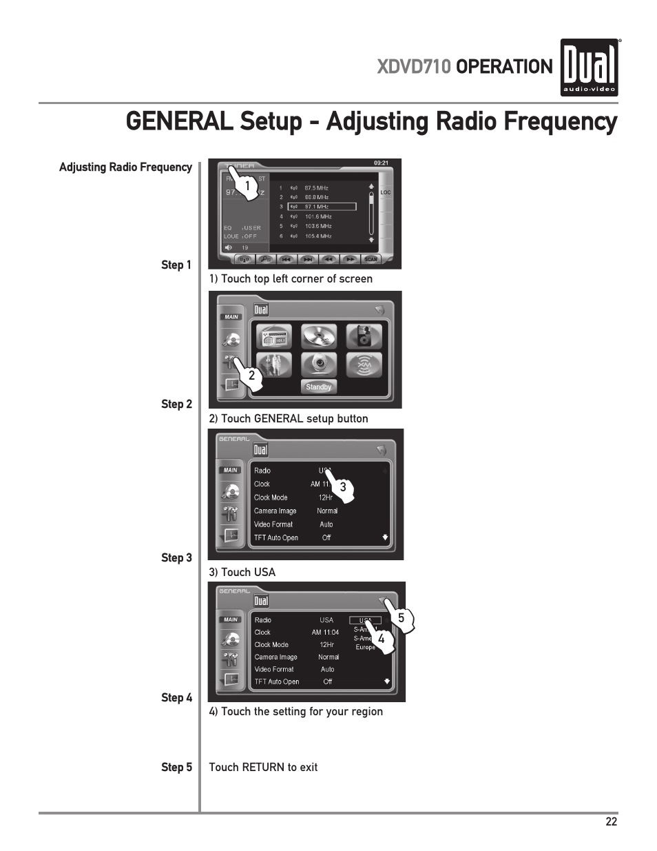 General setup - adjusting radio frequency | Dual Electronics XDVD710 User Manual | Page 23 / 56