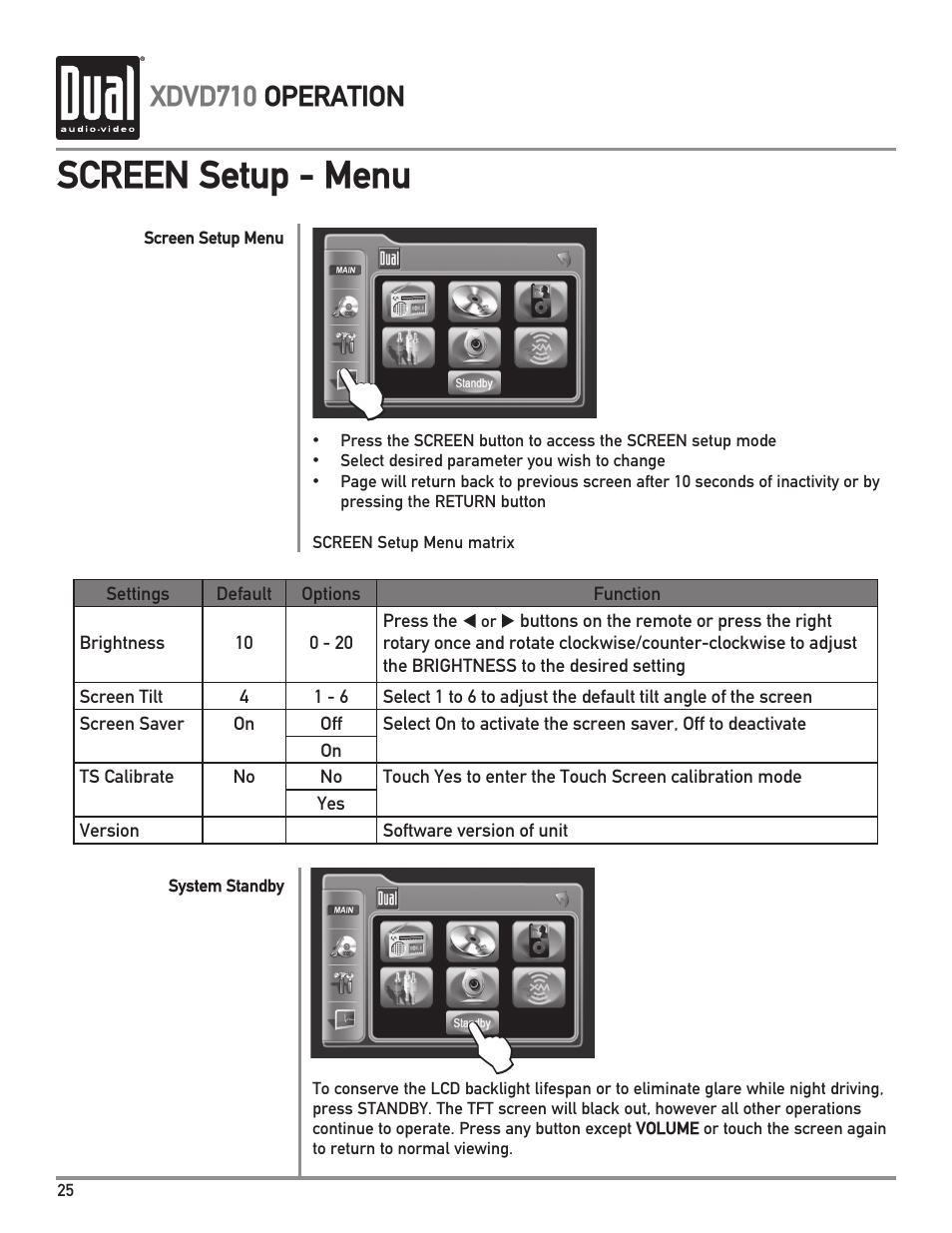 Screen setup - menu, Xdvd710 operation | Dual Electronics XDVD710 User Manual | Page 26 / 56